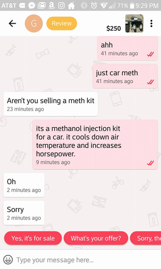Illustration for article titled Guy Selling Methanol Injection System Online Gets Approached By Cop Who Thinks He's Selling Meth
